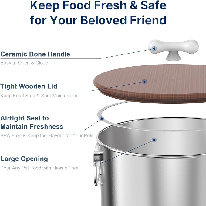 35 Lbs Stainless Steel Dog Food Storage Container with Airtight Wooden Lid & Ceramic Bone Handle, Large Metal Dog Food Bin, Pet Treat Jars for Dogs & Cats, Keep Fresh, Easy to Clean