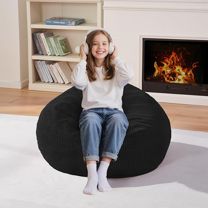 Homguava 2FT Bean Bag Chair,Teardrop Bean Bags Small Beanbag Chair with Memory Foam Filled and Ultra Soft Corduroy Cover for Living Room, Bedroom (Black)