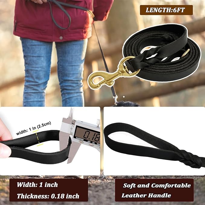 Leather Dog Leash 6ft x 1 inch, Heavy Duty Dog Training Leashes, Soft, Strong and Comfortable Braided Leather Leash for Large, Medium Dogs Black