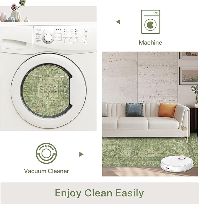 Bavni Washable Rug 6x9 Area Rug for Living Room Bedroom Dining, Washable Vintage Print Carpet, Ultra-Thin Chenille Low Pile Lightweight Rug with Non Slip Backing, Light Green
