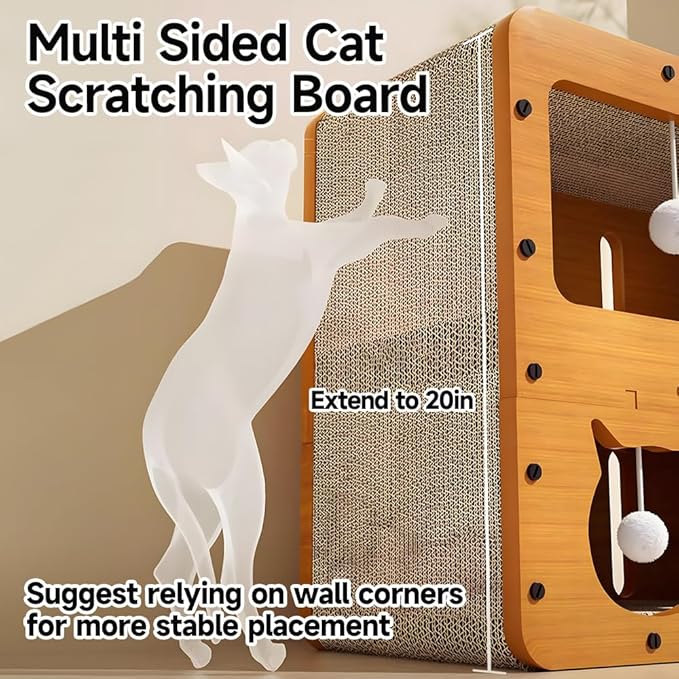 Cat Beds for Indoor Cats，Wooden Cat Scratcher House & Cardboard Condos，Covered Bedsure Kitten Bed Cave Furniture，Cute Playhouse Box，Large Size，Suitable for Cats up to 15 lbs