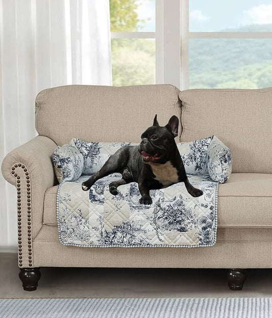 Brilliant Sunshine Quilted Calming Dog Bed Mat, Removable Washable Cover, Cushion Protector and Couch Covers for Dogs, Pets, Cats, Medium, Blue Beige Toile