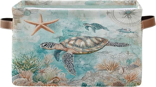 Nautical Starfish Fabric Storage Basket - Foldable, 16x12x8 Inches