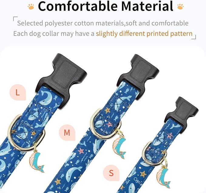 Cotton Dog Collar,Adjustable Cute Puppy Collar with Moon Patterned Design for Small Medium Large Dogs,Soft and Fancy Pet Collar with Safety Buckle for Girl Boy Dogs (Blue Whale, S)