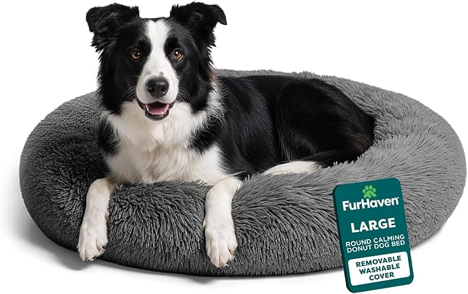 Furhaven 36" Round Calming Donut Dog Bed for Large/Medium Dogs, Refillable w/ Removable Washable Cover, For Dogs Up to 75 lbs - Shaggy Plush Long Faux Fur Donut Bed - Gray, Large