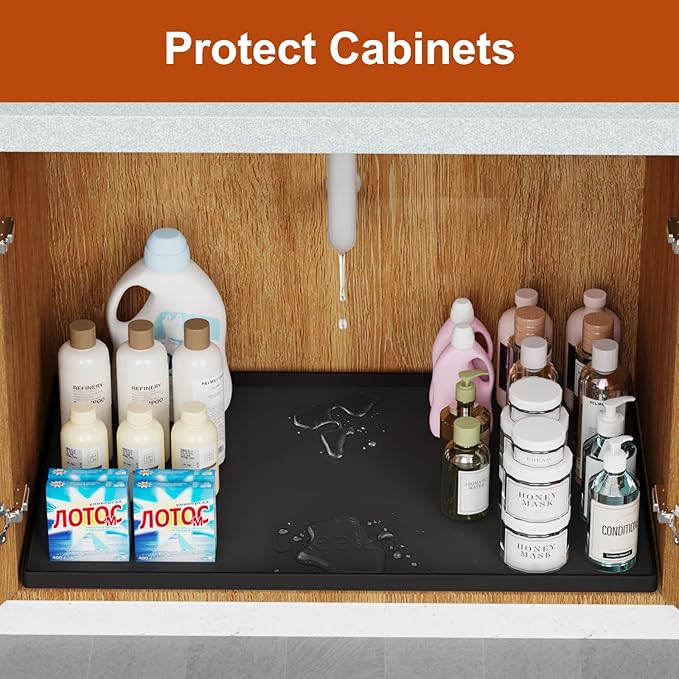 34" x 22" Extra Thick Waterproof Silicone Mat with Raised Edge, Under Sink Mat for Kitchen & Bathroom, Kitchen Cabinet Liner, Multi-Purpose for Storage & Protection, Black