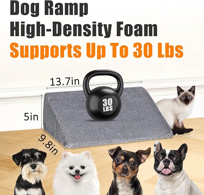 Dog Ramp for Stairs for Small & Senior Dogs and Cats – Non-Slip Stair Wedges for Dogs with Gentle Slope, Pet Ramp with Washable Cover & Self-Sticky Pads for Safe Climbing (Gray, 2 Pack)