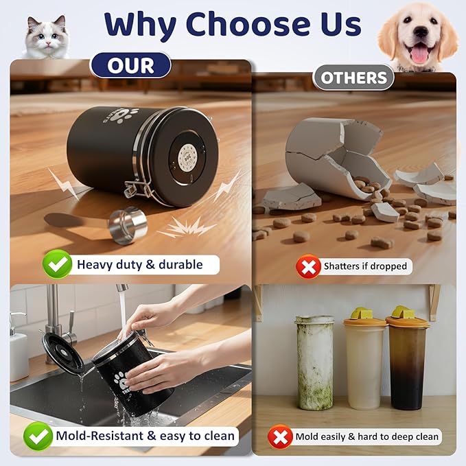 Dog Treat Container Airtight- 7.2"x4.7" Large Stainless Steel Cat Treat Jar for Kitchen Counter with Scoop, Pet Storage for Fresh Dog Cookie