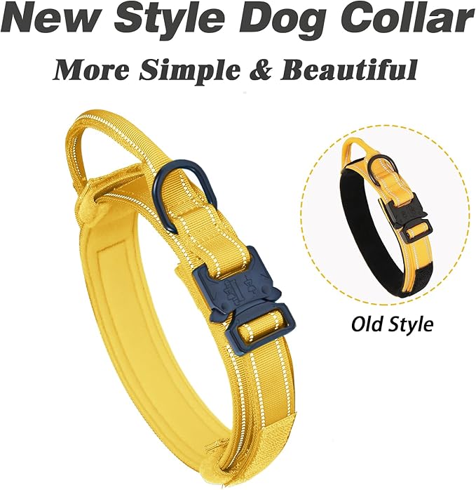AUBELL Tactical Dog Collar and Leash Set, Reflective Adjustable Heavy Duty Military K9 Collars with Handle and Metal Buckle for Large Dogs, with Airtag Case and 2 Patches(Yellow,L)