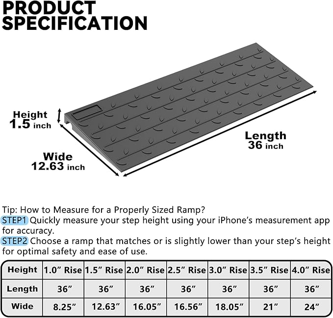 1.5" Rise 2 PackRubber Threshold Ramp for Doorways, 36" Wide Wheelchair Ramp 2200 Lbs Capacity, Entry Curb Ramp with Non-Slip Surface, for Wheelchairs, Scooter, Power Chairs, Driveways