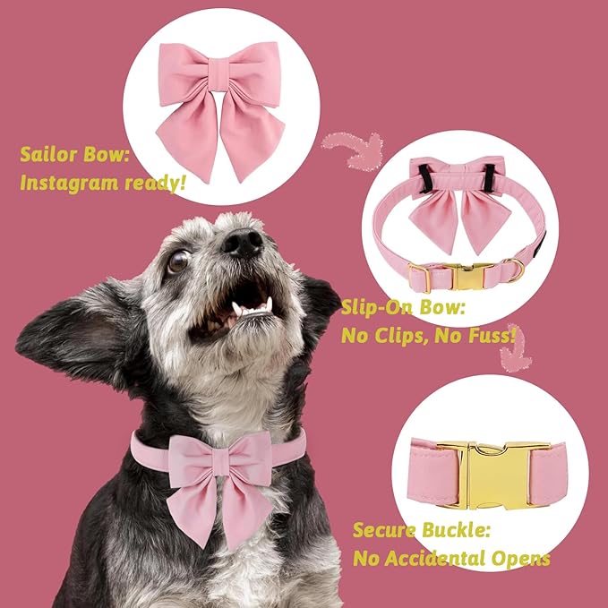 Maca Bates Cherry Pink Dog Collar with Cute Solid Sailor Bow Tie for Small Girl Boy Dogs,Girly Adjustbale Durable Breakaway Soft Collars with Bowtie for Female Male Puppy,Pet with Metal Buckle