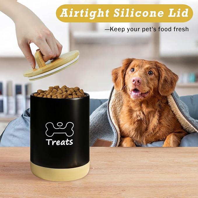 Dog Treat Container Airtight - 5 Inch Wide x 8.7 Inch Black Ceramic Dog Treat Jar for Kitchen Counter, Doggie Cookie Jar with Airtight Bamboo Lid - Farmhouse Style Dog Food Storage Container