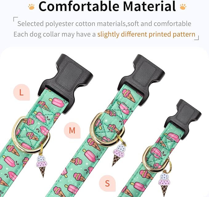 Cotton Dog Collar,Adjustable Cute Puppy Collar with Moon Patterned Design for Small Medium Large Dogs,Soft and Fancy Pet Collar with Safety Buckle for Girl Boy Dogs (Green Ice Cream, S)