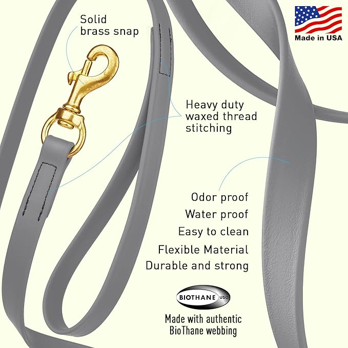 Viper Biothane K9 Working Dog Leash Waterproof Lead for Tracking Training Schutzhund Odor-Proof Long Line with Solid Brass Snap for Puppy Medium and Large Dogs, 15ft Battleship Gray