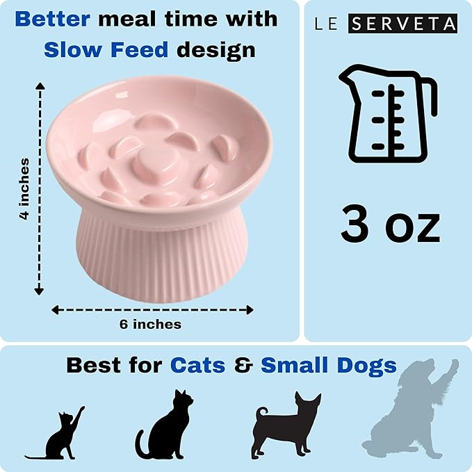 Ceramic Slow Feeder Cat Bowl, Raised Puzzle Feeder, Anti Vomiting Cat Slow Feeder, Elevated Food Bowl, Whisker Friendly Cat Bowl (Pink)