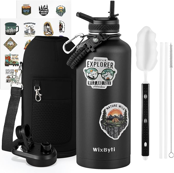 87 oz Insulated Water Bottle with Straw (Cold for 48 Hrs), Half Gallon Stainless Steel Triple Wall Vacuum Sports Water Jug, Leakproof Hydro Cup Flask with Straw Spout Lids & DIY Stickers