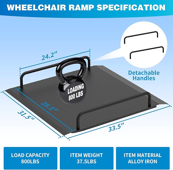 Door Threshold Ramp with Detachable Handles Fits for 2.0" to 9.0" Rise, Wheelchair Doorway Ramp for Scooters/Elderly/Walkers/Stairs(800 LBs Loading, 33.5" L*31.5" W, Alloy Iron, 37.5 LBs)