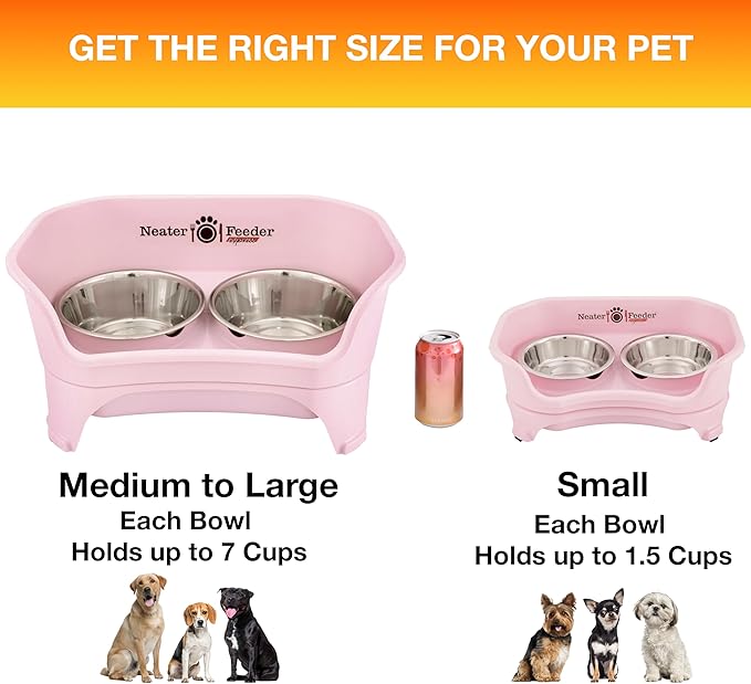 Neater Feeder Express Mess Proof Dog Bowls Elevated for Small Breeds Under 15 Lb, Made in USA, No Spill Raised Dog Food Bowl Stand, Stainless Steel Food and Water Bowl Set, Feeding Station, Pink