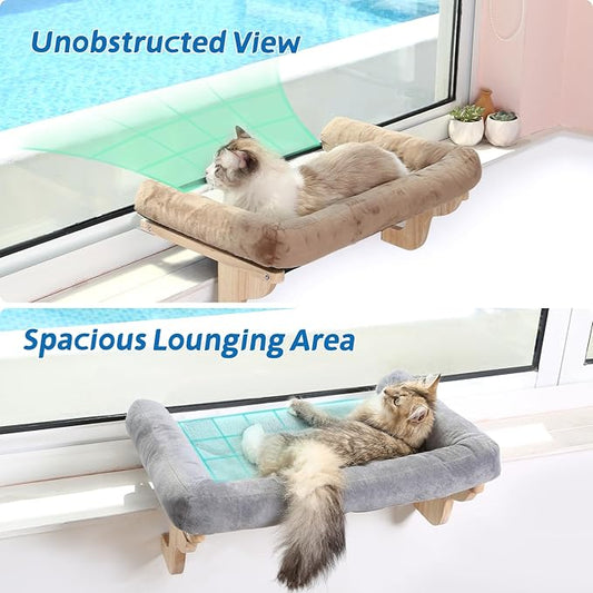 Zakkart Cat Perch for Window Sill with Bolster - Orthopedic Hammock Design with Premium Hardwood & Robust Metal Frame - Cat Window Seat for Large Cats and Kittens - Dark Stained Wood Gray Bed, 24''W