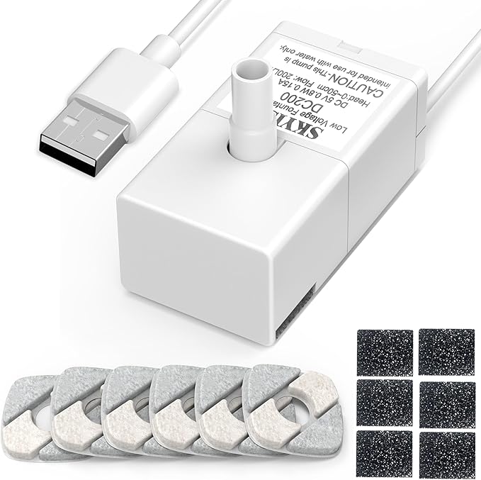 Cat Water Fountain Pump for 50oz, 95oz Fountain, Ultra Quiet, USB Cable, LED Light and 6 Pack Pet Fountain Filters