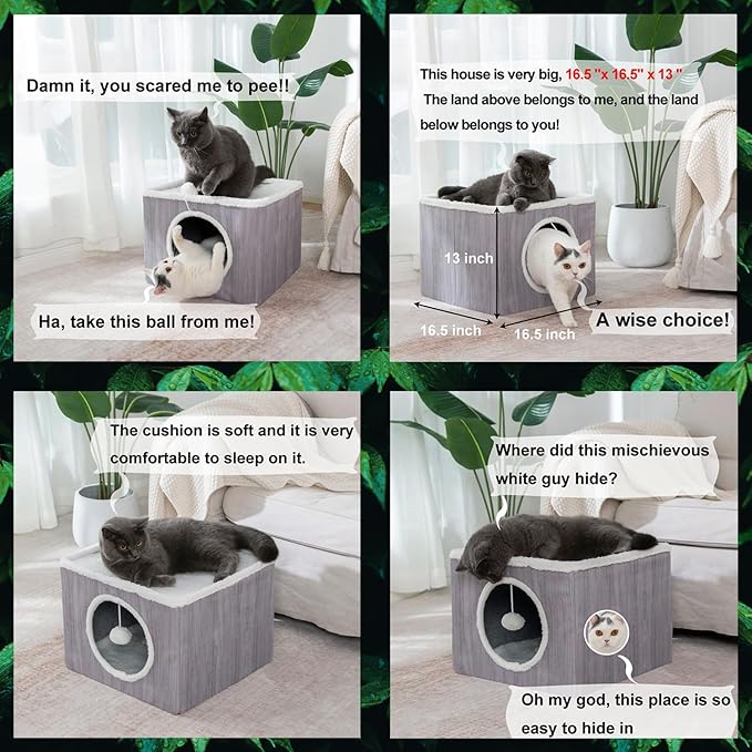 LUCKITTY Cat Condo House with Reversible Cushions and Fluffy Ball Hanging, Foldable Cube, Large Cave Bed for Indoor Cats Kittens, Grey Wood Grain Pattern