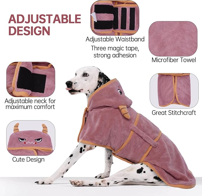 Dog Bathrobe & Drying Coat, Microfibre Material Fast Drying Super Absorbent Towel, Magic Sticker & Belly Strap, Robes for After Bath - Puppy to Large Dog & Cat