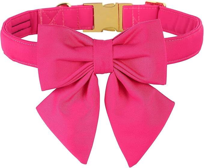 Maca Bates Hot Pink Dog Collar with Cute Rose Red Solid Sailor Bow Tie,Extra Small Girl Boy Dogs,Girly Adjustbale Durable Breakaway Soft Collars with Bowtie for Female Male Puppy,Pet with Metal Buckle