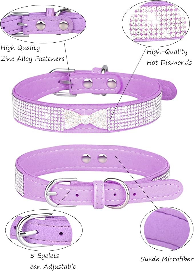 Dog Collar for Small Dogs, Adjustable Leather Suede Bling Dog Collars，Pink Dog Collar Cat Collar, Rhinestone Dog Collar (XS, purple4)