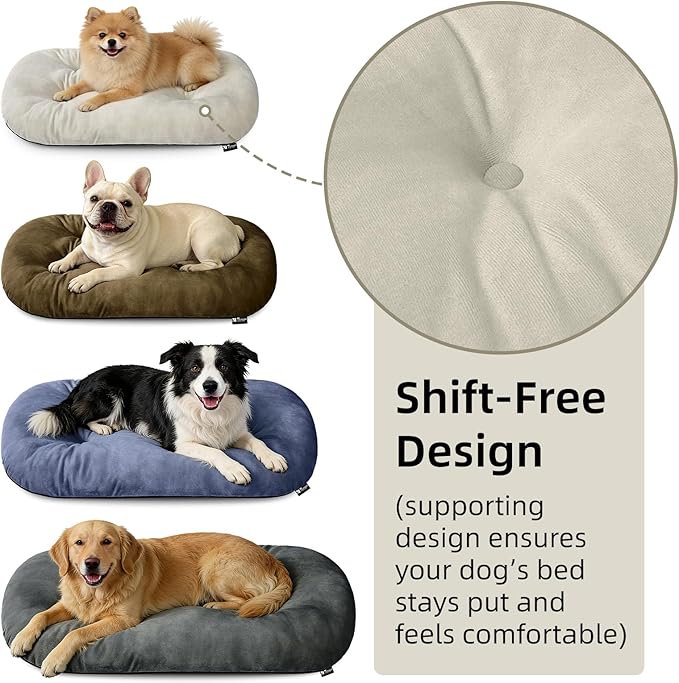 Washable Large Dog Bed for Medium & Large Breeds, Non-Slip Bottom & Plush Faux Silver Fox Fur Oval Cushion Pad for Big Dogs, Soft Mat for Crates, Beige, 41x27 Inch