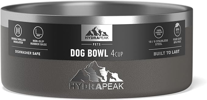 Hydrapeak Dog Bowl; Non Slip Stainless Steel; Water and Food Dish; Large Sized and Small Dogs; 32oz 64oz; Multiple Sizes; 4 Cup | Graphite