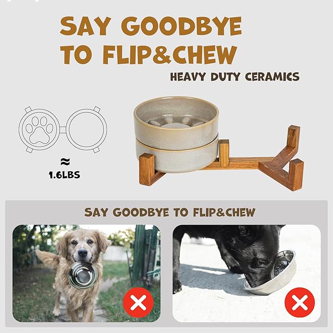 Ceramic Slow Feeder Dog Bowl Set with Stand, Cute Paw Slow Feeding Food Bowl and Water Bowl for Small Breed, 5.2" Ceramic Non Slip Dog Dishes, Grey