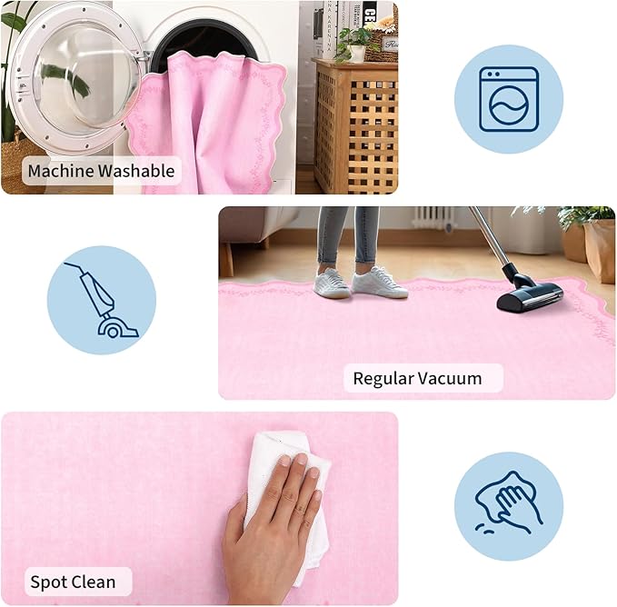 GarveeHome Valentines Scalloped Area Rugs 8x10 for Girls Bedroom, Solid Pink Large Washable Rug Soft Non Slip Backing Floor Mat Carpet Indoor Thin Rug for Living Room Dining Room Playroom Nursery