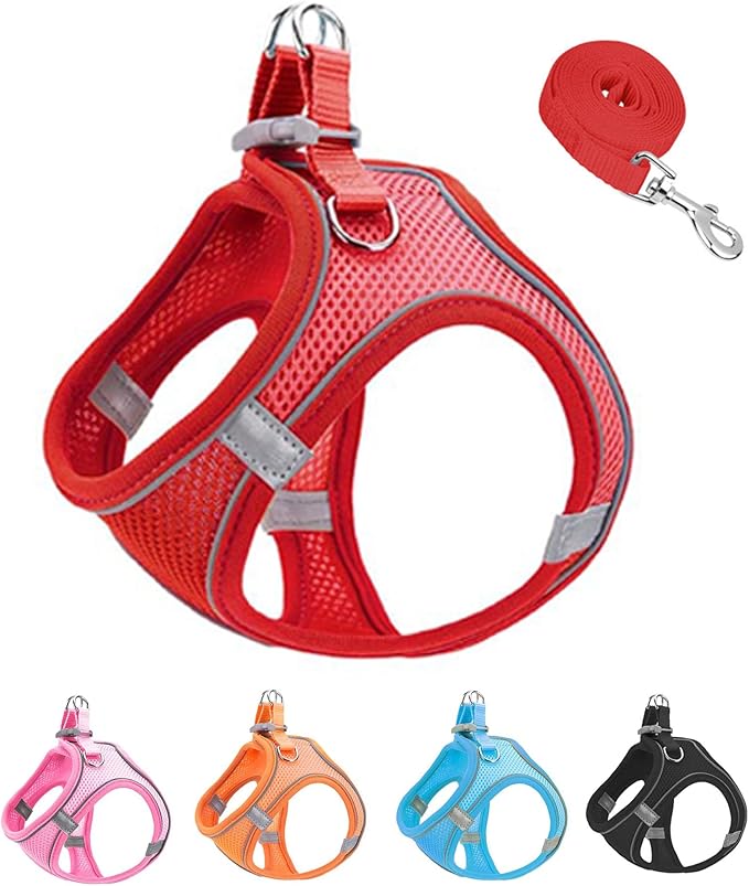 XS Red Soft Mesh Dog Harness and Leash Set,No Escape Puppy Harnesses for Training Walking竊?Reflective Adjustable Puppy Vest for Small Medium Dogs, Cats (Red, XS)