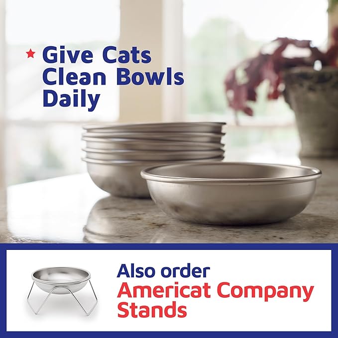 Stainless Steel Cat Bowls for Food & Water by Americat – Made in USA – Dishwasher Safe, Human Grade, Whisker Friendly Dishes (4 Bowls)