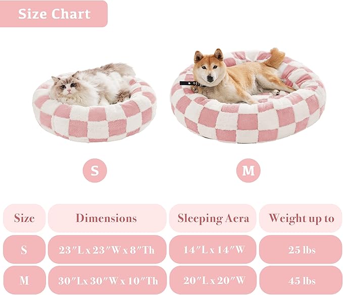 Checkered Cat Dog Bed, Cute Girly Pink Retro Style Aesthetic Round Warming Pet Calming Beds for Small Dog and Cats, Plush Cozy Donut Beds Washable, 23" L x 23" W x 8" Th