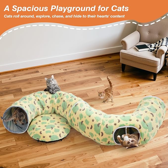 Cat Tunnels for Indoor Cats, 35'' Plush Cat Tunnel Bed with Playful Ball and Circle Cushion, Multifunctional Peekaboo Cat Cave, Interactive Toy Gift for Cats, Kittens, Rabbits, Yellow&Cloud