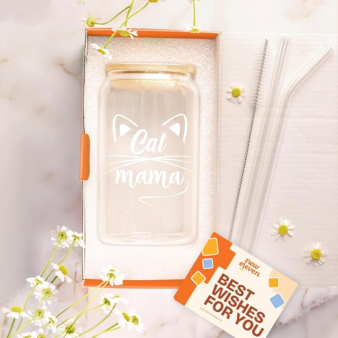 NewEleven Gifts For Cat Mom, Cats Lover - Cat Gifts For Women - Cute Kitten Stuff, Cats Themed Gift For Women - Cute Funny Gift For Her, Best Friend - 16 Oz Coffee Glass