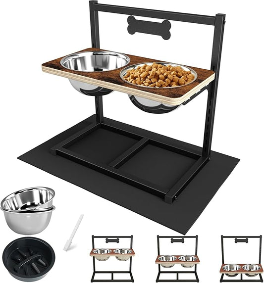 Elevated Dog Bowls with Slow Feeder - 9 Heights Adjustable Raised Dog Bowl Stand with Two 1.7L Stainless Steel Dog Food Bowls & Slow Feeder and a Nonslip Pad, Perfect for Medium Large Breed