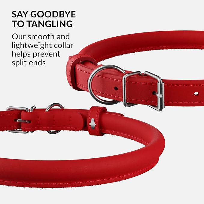 CollarDirect Rolled Leather Dog Collar, Soft Padded Round Puppy Collar, Handmade Genuine Leather Collar Dog Small Large Cat Collars 13 Colors (12-15 Inch, Red Smooth)