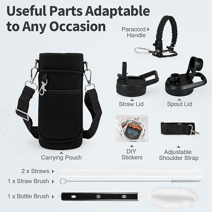 32 oz Insulated Water Bottle with Straw (Cold for 48 Hrs), Stainless Steel Triple Wall Vacuum Sports Water Jug, Leakproof Hydro Cup Flask with Paracord Handle & Straw Spout Lids & DIY Stickers