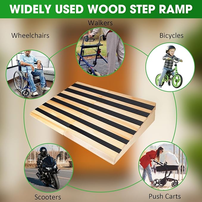 Wooden Threshold Ramp for Home Steps, 3" Rise Door Ramp for Wheelchair/Walker/Cart/Scooter, Doorway Ramp with Non-Slip Stripes(35.4" L*3.0" H, Solid Wood, 800LBs Capacity)
