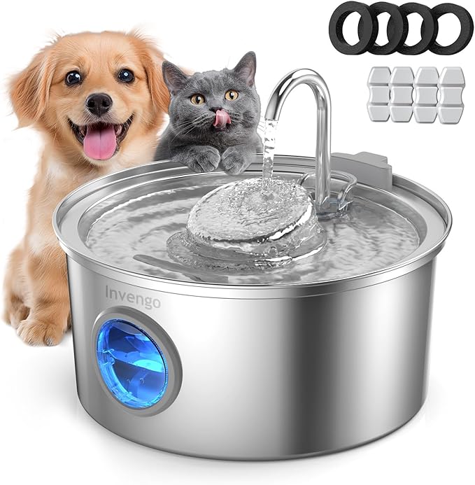 Cat Water Fountain Stainless Steel, 3.2L/108oz Pet Drinking Fountain for Cats Dogs, Automatic Cat Fountain with 2 Flow Modes, Splash-Proof Bowl, Includes 4 Replacement Filters