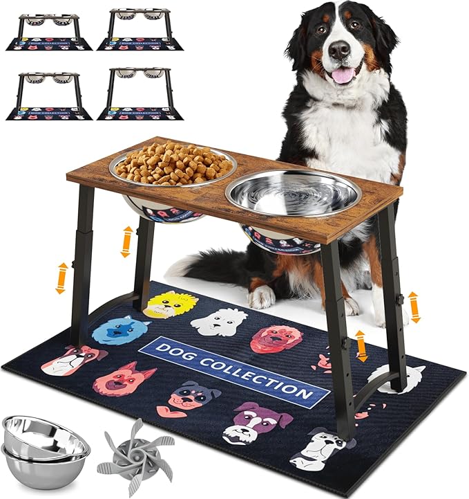 Elevated Dog Bowls for Large Dogs with Slow Feeder & Mat, 4 Height Adjustable & 101oz Bowls, Tall Raised Dog Bowl Stand