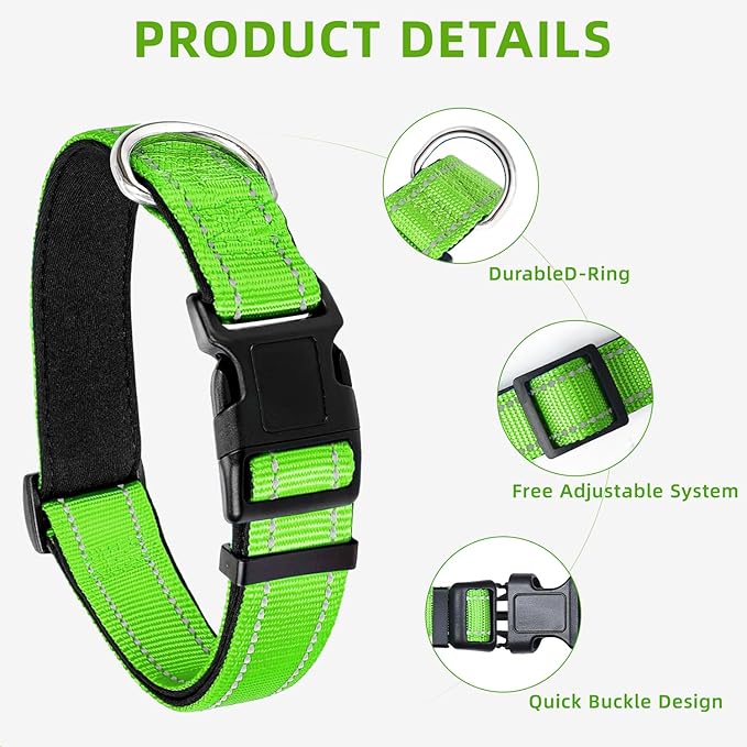 Reflective Dog Collar for Extra Large Dogs, Adjustable Collar with Soft Neoprene Padded, Durable Buckle for Daily Walking,Green,XL