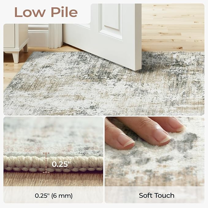 5x7 Area Rugs, Neutral Machine Washable Rugs for Living Room, Abstract Modern Soft Non-Slip Thin Print Floor Carpet for Bedroom Kids Room, Brown Tan