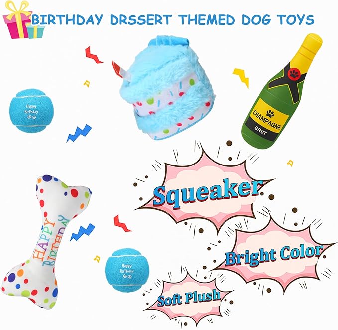 10 Pcs Dog Birthday Toy Set Dog Birthday Cake Bone Wine Bottle Hat Bib Ball Card Ribbon Plush Pet Gifts for Small Medium Puppy Squeaky Dogs Pet Toy Party Supplies(Blue)