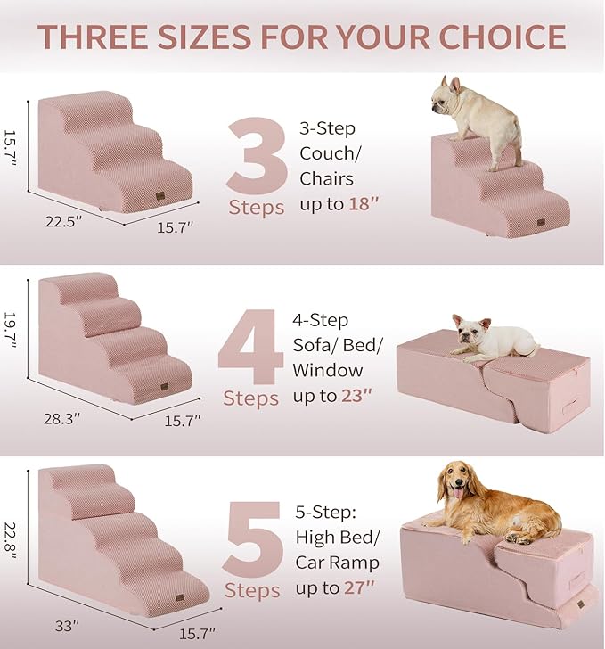 Made4Pets Dog Stairs Ramp for Small Dogs 15.7" H, 3-Step Dog Steps for Bed Couch Sofa and Chair, 35D Foam Pet Steps for Small Dogs and Cats, Non-Slip Bottom Pet Stairs, Pink