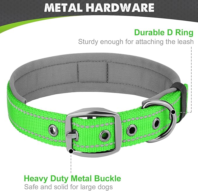 Joytale Dog Collar for Large Dogs, Neoprene Padded and Adjustable, Reflective Wide Heavy Duty Pet Collars with Durable Metal Belt Buckle for Walking, Green, L