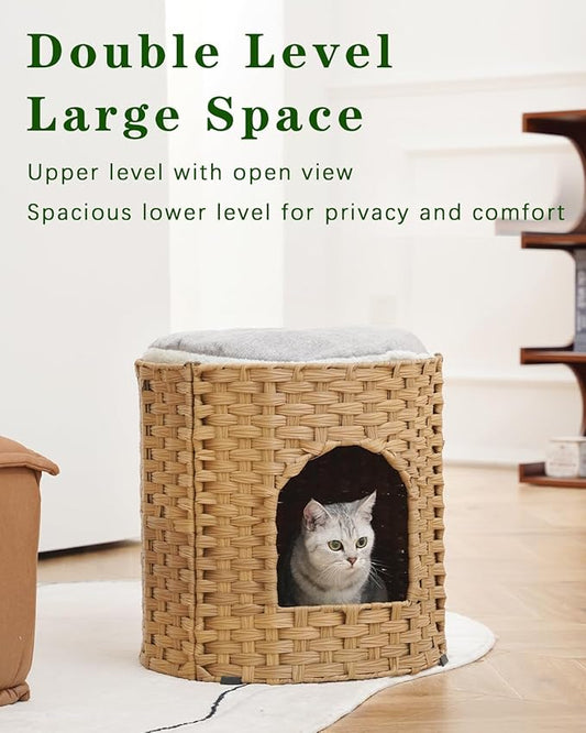Cat House for Indoor Cat, Large Double Cat Houses Cat Bed Cave, Handwoven Rattan Pet Beds with One Soft Pad, 17 x 17 x 17 Inches Foldable Kitten Hideaway in Living Room Natural