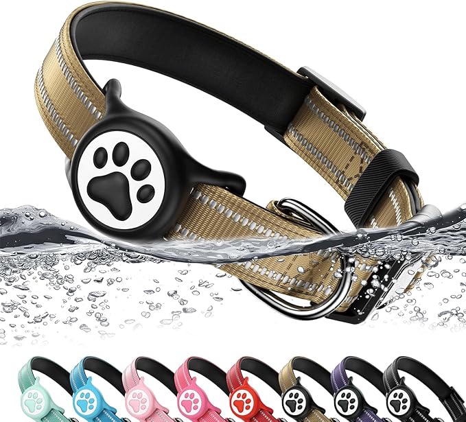 Airtag Dog Collar, Reflective Ultra-Durable Nylon Padded with QR Buckle & IP68 Waterproof Air Tag Holder Compatible for Apple AirTag, Comfortable for Small Medium Large Dogs (Brown, XS)